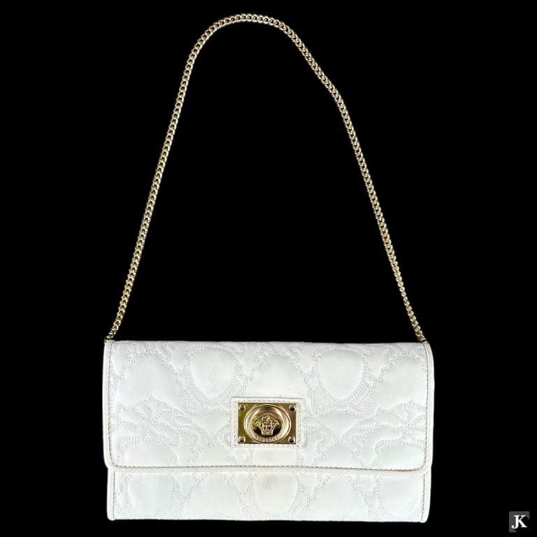 Designer Gianni Versace Clutch Wallet Purse Crafted Of White Leather With  Gold Tone Hardware. Has Auction