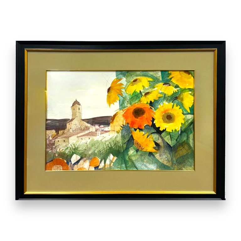 CHARLES LEVIER (FRENCH 1920-2003) "sunflowers" Signed lower right. Watercolor. Artwork Measures: CHARLES LEVIER (FRENCH 1920-2003) "sunflowers" Signed lower right. Watercolor. Artwork Measures approx 21 inches high x 31 inches wide.Total Framed 34 inches high x 43 inches wide. JD/B13/F