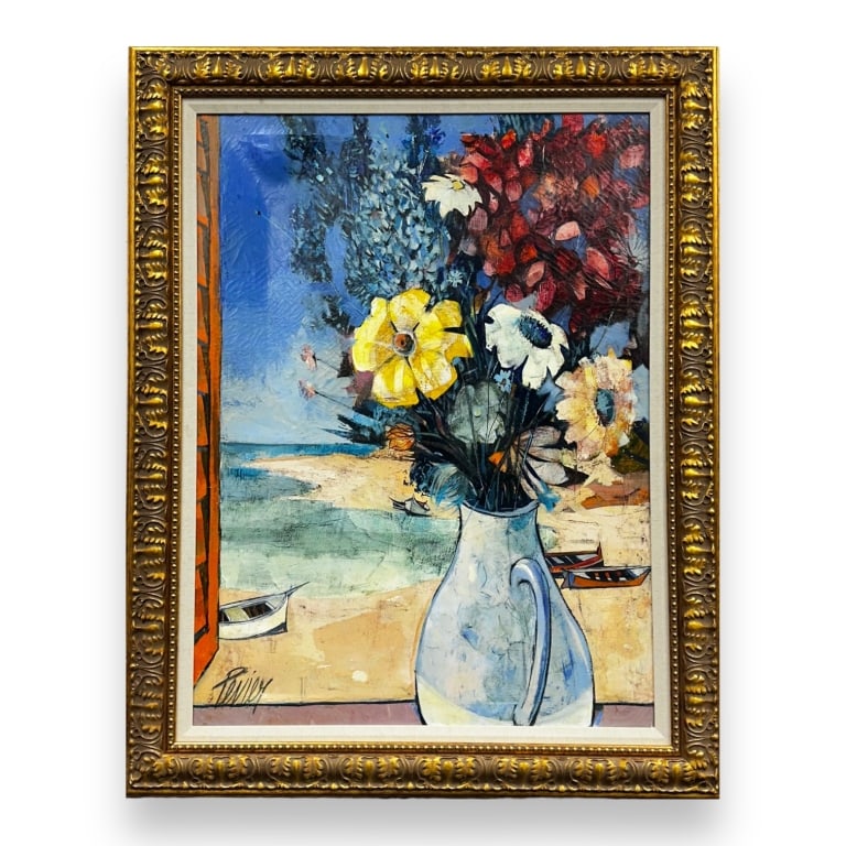 CHARLES LEVIER (FRENCH, 1920-2003) oil painting on canvas.Flower Seascape Scene. Signed lower left.: CHARLES LEVIER (FRENCH, 1920-2003) oil painting on canvas.Flower Seascape Scene. Signed lower left. 40 1/2 inches high x 30 1/4 inches wide. Total Framed 49 inches high x 38 1/2 inches wide. JD/B13/F