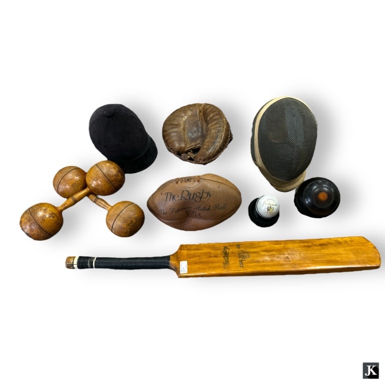 A lot of 9 vintage and antique sports items to include a J. Salter & Sons England Cricket bat and (1 of 6)