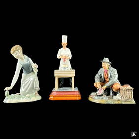 A lot of three various porcelain and resin sculptures to include Lladro Spain "Girl With Flowers" (1 of 5)