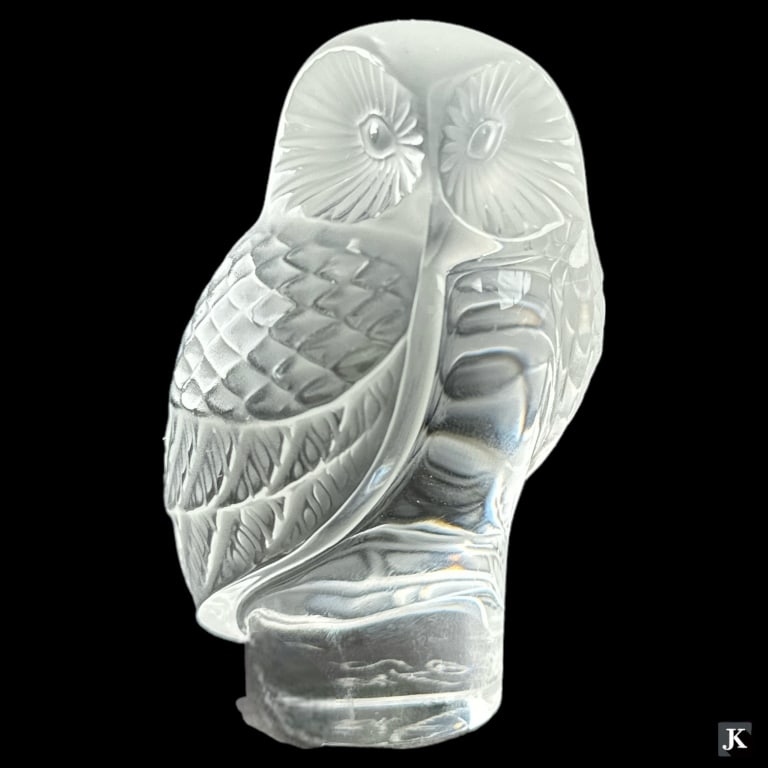 Lalique France frosted and cut crystal figural bird owl paperweight sculpture. Etched "Lalique (R) (1 of 4)