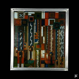 Frank Lloyd Wright (AMERICAN / WISCONSIN / ARIZONA, 1869 - 1959) hand paint stained glass window: Frank Lloyd Wright (AMERICAN / WISCONSIN / ARIZONA, 1869 - 1959) hand paint stained glass window panel having a geometric design. Mounted in a silver tone metal frame. Retains Frank Lloyd Wright Found