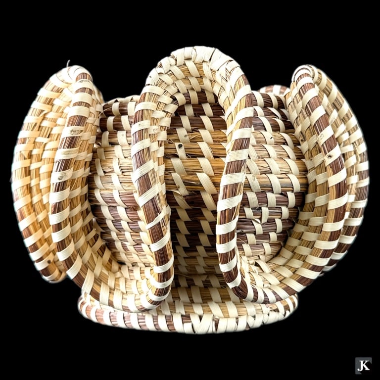 Artisan signed Sweetgrass North Carolina woven embellish pine knot basket. Signed what appears to be (1 of 3)