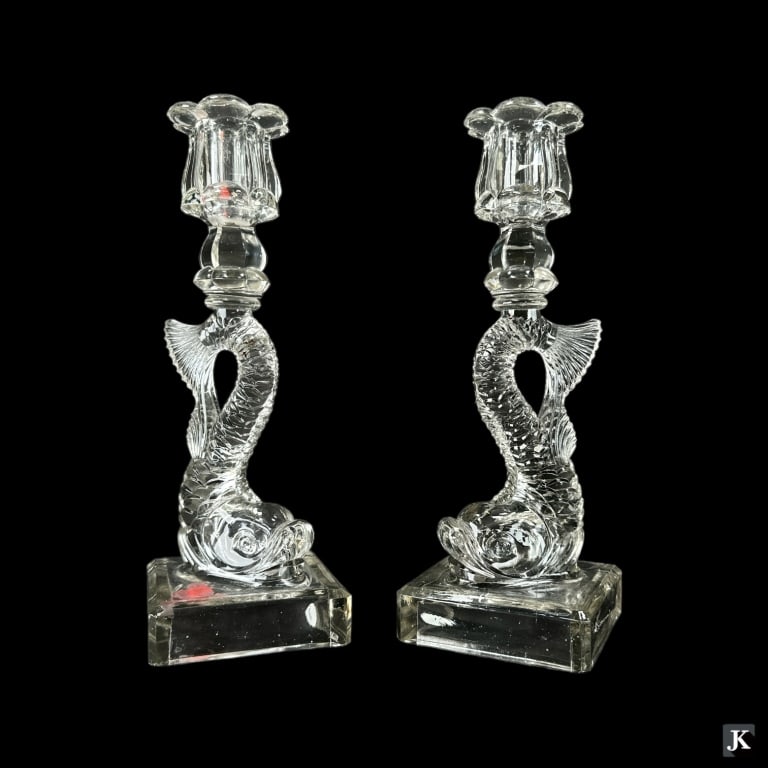 A pair of vintage clear glass figural Italian dolphin fish candlestick holders. No apparent (1 of 3)