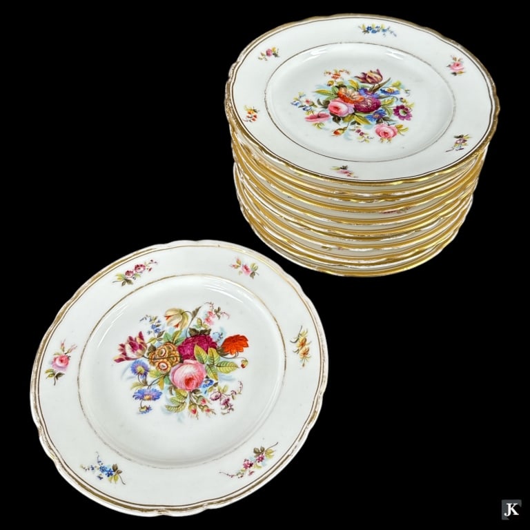 A set of 12 antique Continental hand painted porcelain plates having floral bouquets to centers with (1 of 3)