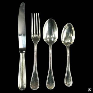 24 pieces of Christofle France silverplate flatware items in the "Perles" pattern. Lot is to include: 24 pieces of Christofle France silverplate flatware items in the "Perles" pattern. Lot is to include 3 forks (8 1/8"), 8 knives (9 5/8"), 7 oval soup spoons (6 3/4") and 6 table / serving spoons (7 1/