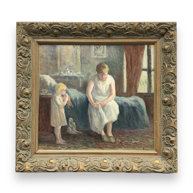 Maximilien Luce, (French, 1858-1941) oil on canvas. Signed lower right. Circa 1934. Mother and: Maximilien Luce, (French, 1858-1941) oil on canvas. Signed lower right. Circa 1934. Mother and child. Measures 21 inches high x 23 inches wide. Total framed Measures 29 inches high x 30 inches wide.
