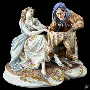 A vintage Italian Capodimonte large porcelain group sculpture depicting a palm reader with a young: A vintage Italian Capodimonte large porcelain group sculpture depicting a palm reader with a young beauty and tarot cards. Bottom marked "MADE IN ITALY WORKS OF ART No2246". Also bears a Capodimonte m