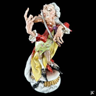 A vintage Capodimonte Italian porcelain sculpture depicting a whimsical violin player. Bottom with: A vintage Capodimonte Italian porcelain sculpture depicting a whimsical violin player. Bottom with blue crown mark and "NoCar.1LO WORKS OF ART ITALY". Measures approx. 8 3/8" height x 5" width x 4" de