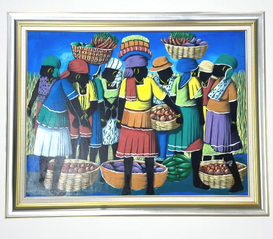 Haitian oil painting on canvas depicting a fruit and vegetable harvest scene. Signed "Elmsee"? to: Haitian oil painting on canvas depicting a fruit and vegetable harvest scene. Signed "Elmsee"? to lower right. Mounted in a silver and gold painted wooden frame with mat. Canvas on stretcher measures 