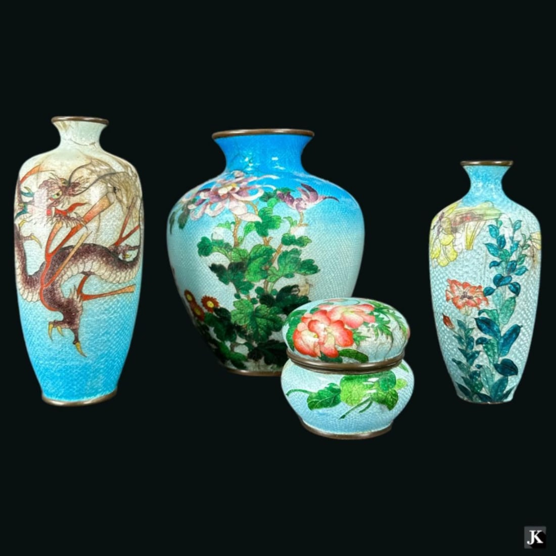 A lot of four vintage Chinese guilloche enameled items including three vases and a covered box. (1 of 5)
