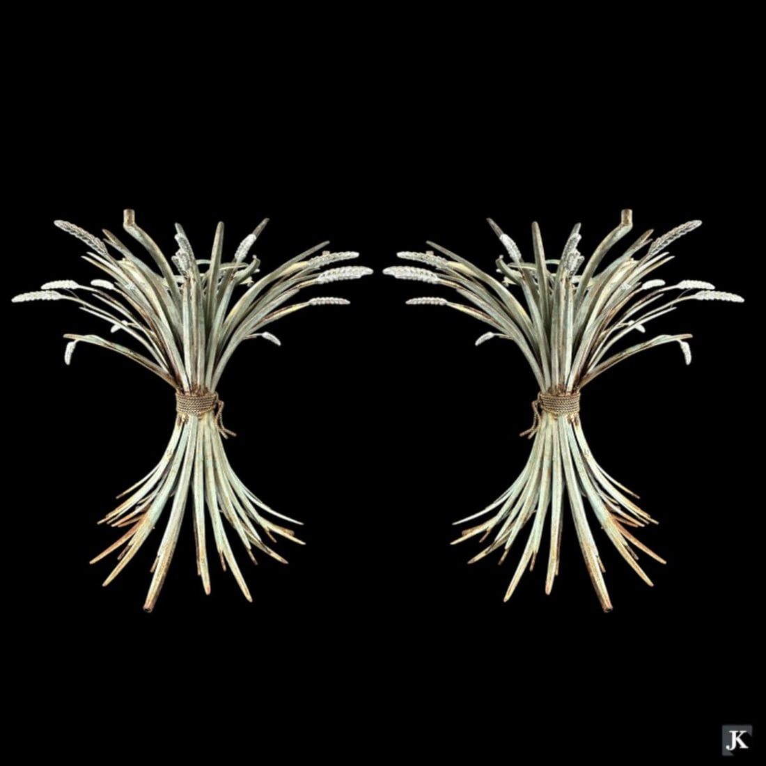 A pair of vintage Hollywood Regency figural bound wheat stalks table bases crafted of cold painted (1 of 4)