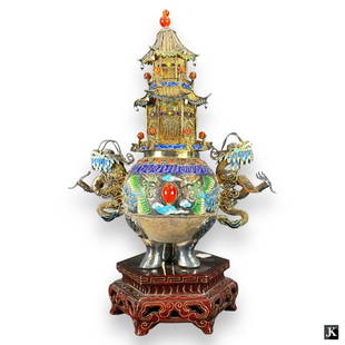 An ornate Chinese vermeil mesh silver covered censer having a phoenix design to body and figural: An ornate Chinese vermeil mesh silver covered censer having a phoenix design to body and figural dragon handles. Has figural pagoda top and completed with carnelian agate stones. Vividly enameled thro