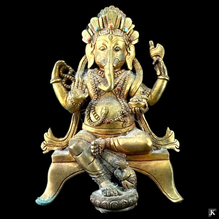 Antique Tibetan gilt bronze religious Hindu sculpture depicting the deity Ganesha seated atop throne (1 of 4)