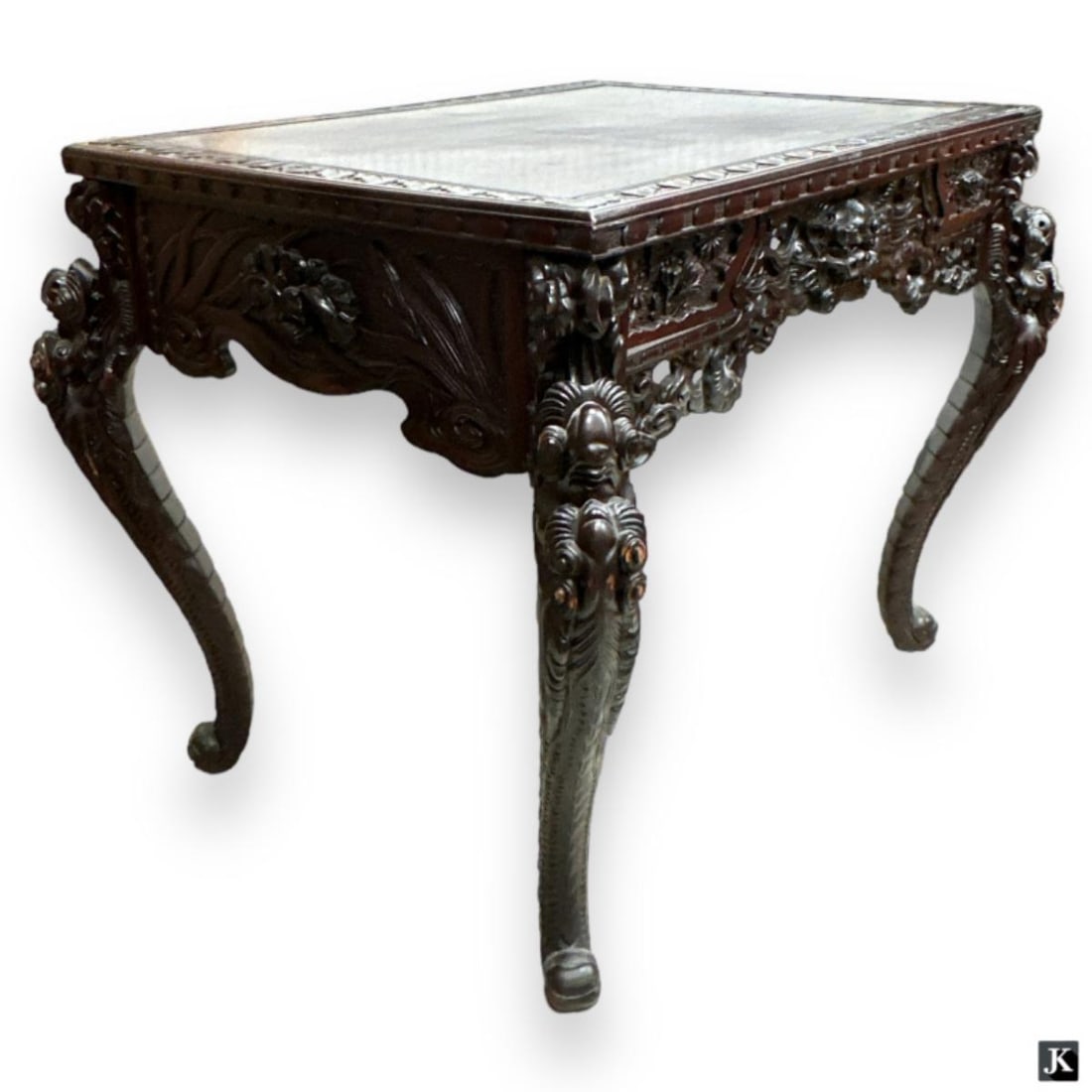 A vintage Chinese ornately carved wooden desk and chair having a dragons motif. Chair has openwork (1 of 7)