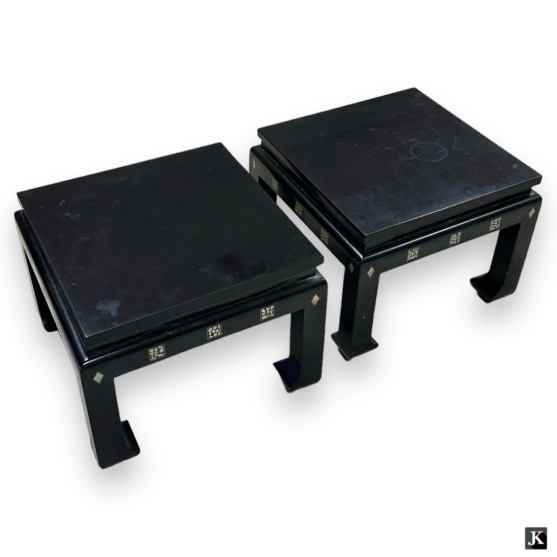 A pair of vintage Chinese Zitan wood square end table stands having abalone shell inlay designs (1 of 3)