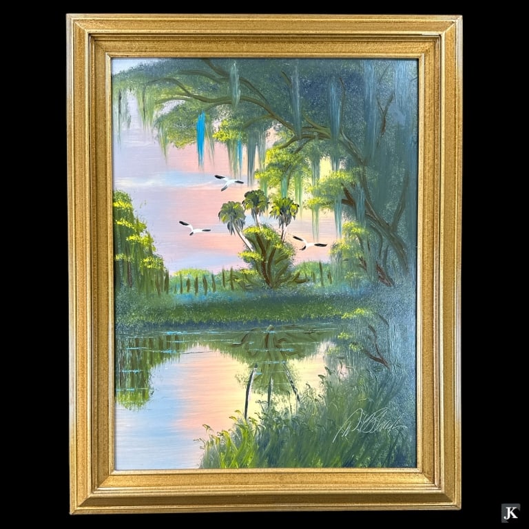 Al Black (USA B1947) Oil On Masonite Of Poinciana: Al (Blood) Black (UNITED STATES / FLORIDA / MISSIPPI, Born 1947) Florida Highwaymen oil painting on masonite board depicting a Florida landscape scene with marsh and palm trees. Signed to lower right.