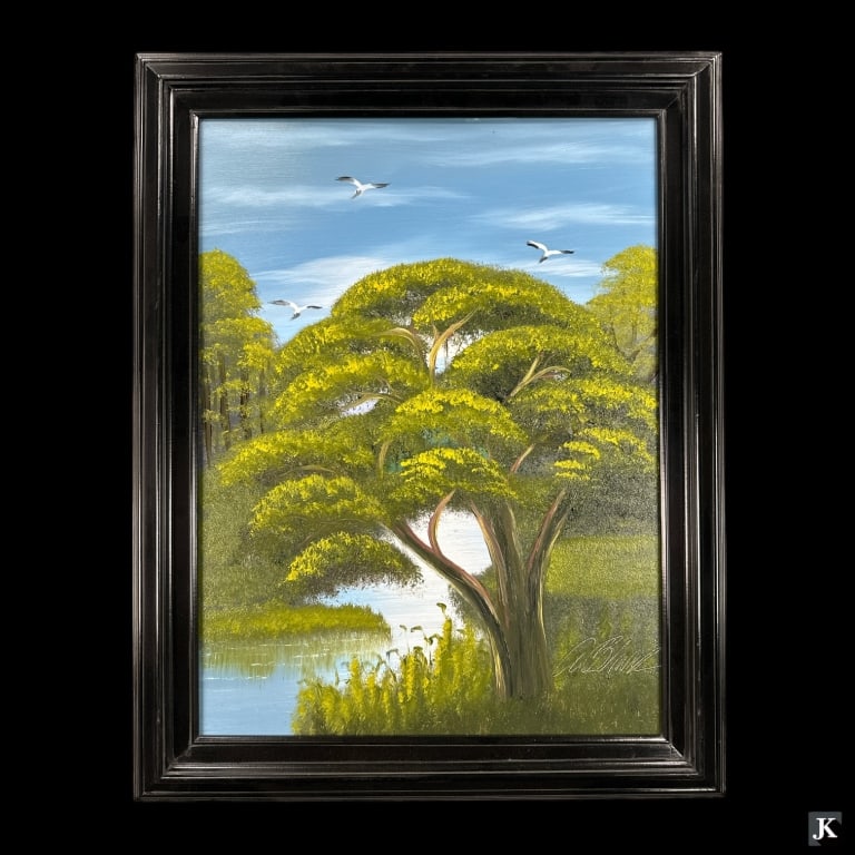 Al Black (USA B1947) Oil On Masonite Of Lake Scene: Al (Blood) Black (UNITED STATES / FLORIDA / MISSIPPI, Born 1947) Florida Highwaymen oil painting on masonite board depicting a Florida landscape scene with lake and poincianna tree. Signed to lower ri