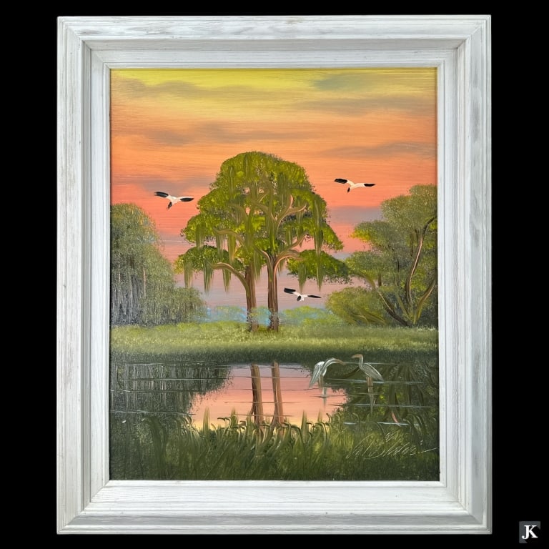 Al Black (USA B1947) Oil On Masonite Of Lake Scene: Al (Blood) Black (UNITED STATES / FLORIDA / MISSIPPI, Born 1947) Florida Highwaymen oil painting on masonite board depicting a Florida landscape scene with lake, birds and and poincianna tree. Signed
