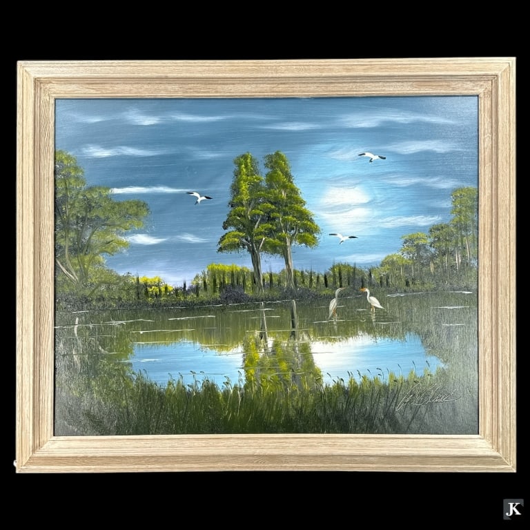 Al Black (USA B1947) Oil On Masonite Of Lake Scene: Al (Blood) Black (UNITED STATES / FLORIDA / MISSIPPI, Born 1947) Florida Highwaymen oil painting on masonite board depicting a Florida lake scene with birds and trees. Signed to lower right. Mounted i