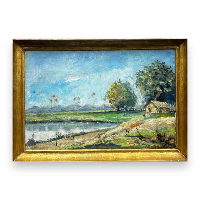 DAVID BURLIUK (UKRAINIAN 1882-1967) oil on canvas. Possibly a florida scene. Palm trees in the back. (1 of 8)