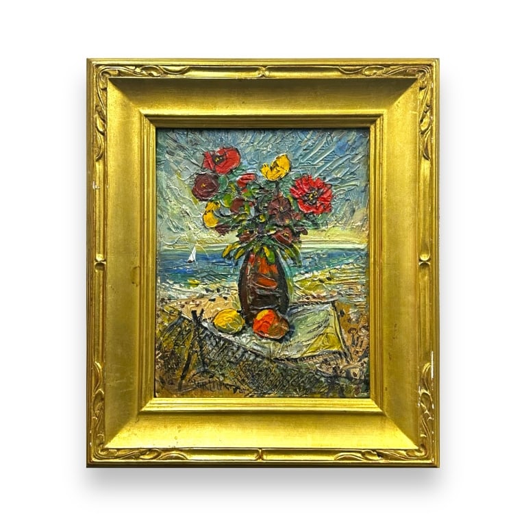 DAVID BURLIUK (UKRAINIAN 1882-1967) Still Life Oil Painting Of A Flowers On Board. Seascape with (1 of 4)