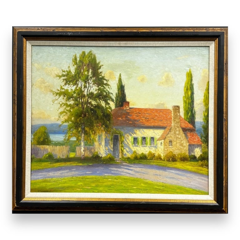 Artist Unknown , French Landscape Cottage Scene. oil on canvas. Signed lower left. Measures 25 (1 of 4)