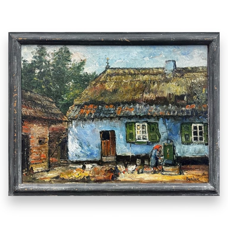 David Burliuk Depiction of a village cottage scene. Signed to lower right. Mounted in a wooden (1 of 4)