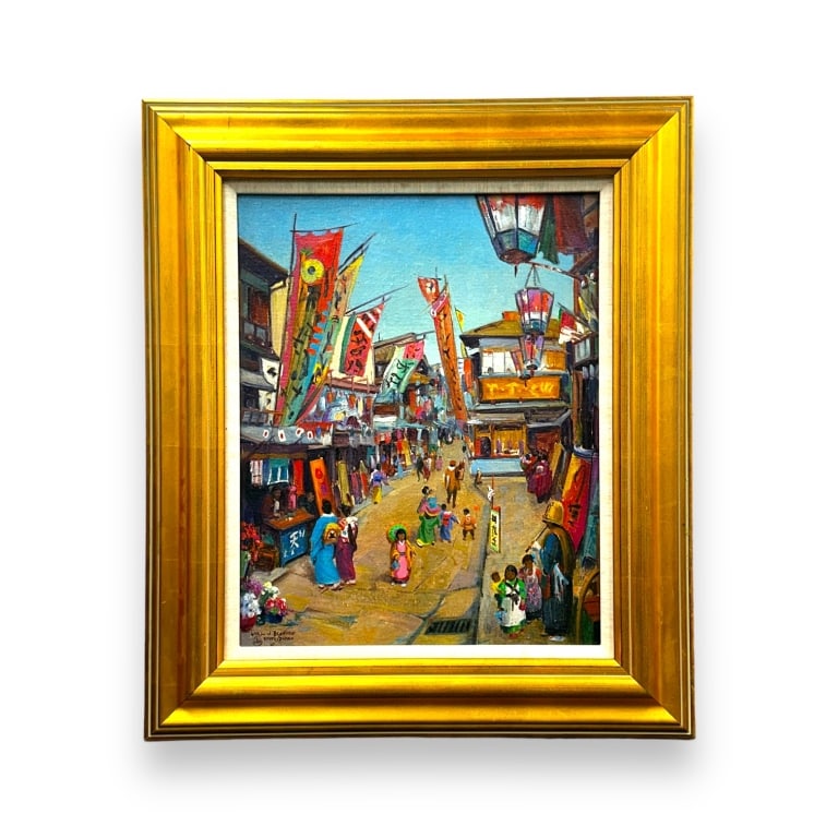 Painting, Carl W. Brandien oil on board. Gallery label on back. Street of the theatres. Kyoko Japan. (1 of 6)
