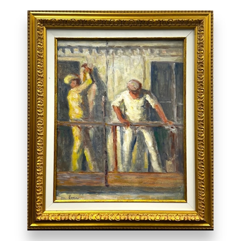Maximilien Luce, (French, 1858-1941) oil on canvas. oil on board. Two painters on lift. Working on (1 of 4)