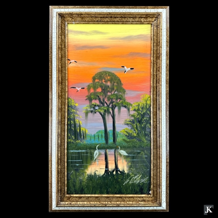 Al (Blood) Black (UNITED STATES / FLORIDA / MISSIPPI, Born 1947) Florida Highwaymen oil painting on: Al (Blood) Black (UNITED STATES / FLORIDA / MISSIPPI, Born 1947) Florida Highwaymen oil painting on masonite board depicting a Florida lake dusk scene with birds and trees. Signed to lower right. Moun