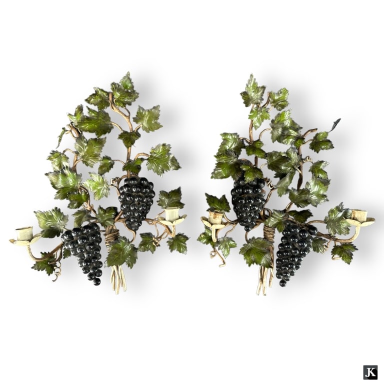 A pair of antique cold painted polychrome metal iron / bronze two arm wall sconces having a grape (1 of 3)