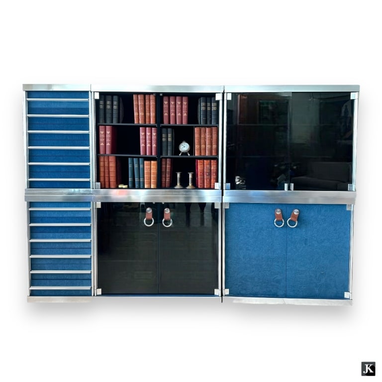 1970s Guido Faleschini For Hermes Cabinets & Chest: Vintage, circa 1970's, Guido Faleschini for Hermes Paris blue felt lined, metal, glass, auburn leather and acrylic cabinet / book case / chests set. Largest piece measures approx. 33 1/2" height. Appe