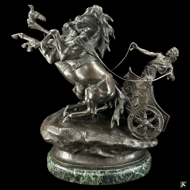 Antique French Char de la Victoire Domenech et Pfe: Antique French Char de la Victoire Domenech et Pfeffer Large Chariot Figurine on marble base. The chariot of victory. Foundry mark and signature on the base. Approx: 23"H X 26"L X 13"W". EF/B13/SH:13B