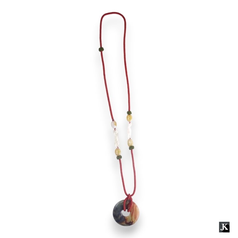 Chinese Tri-Color Jade Pi Disc Rope Necklace (1 of 3)