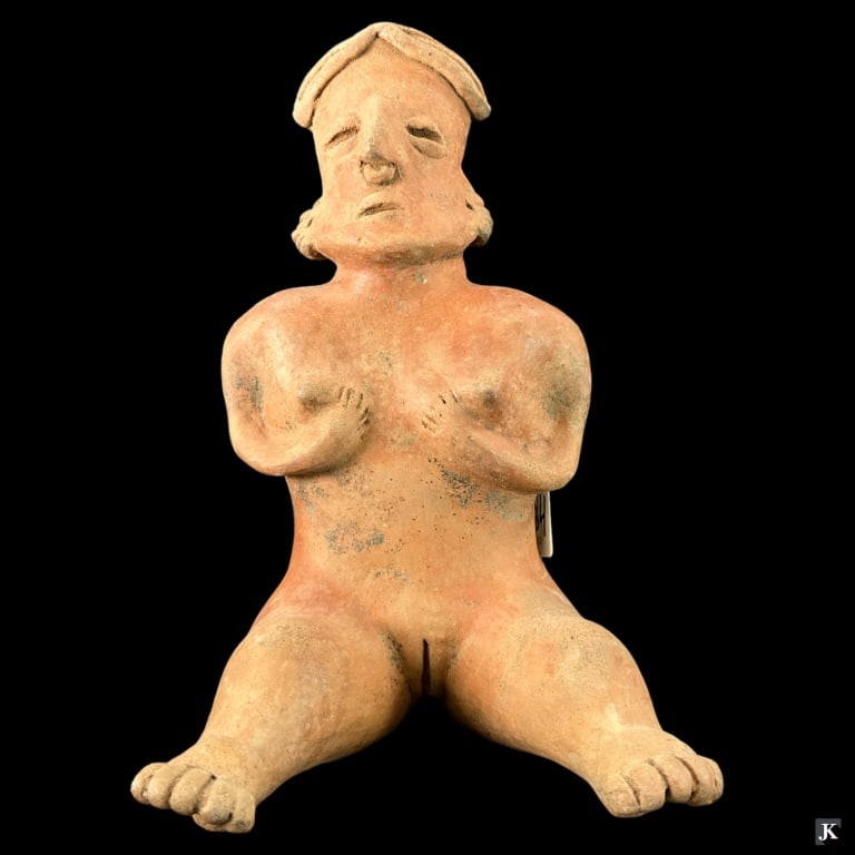 Nayarit Pre-Columbian Pottery Seated Nude Female: Nayarit Mexico Pre-Columbian heavy red pottery sculpture of a seated nude female. Measures approx. 12 1/2" height x 8" width x 6 3/4" depth. JD/B13/CB:D