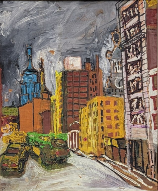 Signed IRA, Cityscape Oil on Board: Signed IRA, Cityscape Oil on Board. Size: 24" H x 20"W; framed: 31.5"H x 27.5"W.