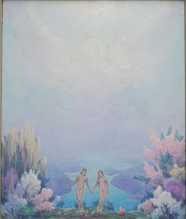 Artist Unknown, Oil on Board; Adam & Eve: Artist Unknown. Oil on Board. Adam & Eve Depiction. Size: 24"H X 20"W; FRAMED: 32" H X 28"W.