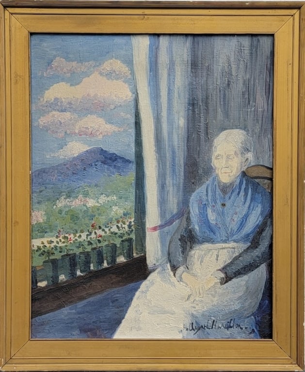 Hildegarde Hamilton (1898 - 1970) Oil on Canvas: Hildegarde Hamilton (1898 - 1970). Oil on Canvas. Old woman by the window. Size: 20"h x 16"w; framed: 23.5"h x 19.5"w. Signed lower right.