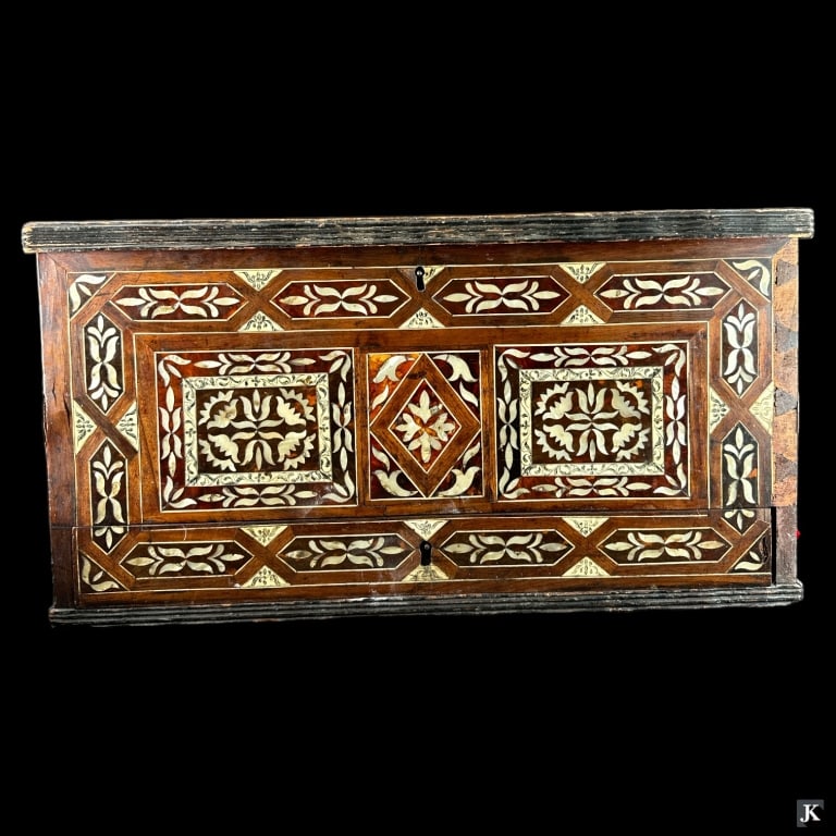 Antique Indian Boulle Bone MOP Inlay Wooden Chest: Antique Indian boulle, bone and mother of pearl inlaid ornage chest having floral designs throughout. Has a hinged top with bottom drawer. Measures approx. 13 1/4" height x 24 1/4" width x 14" depth. 