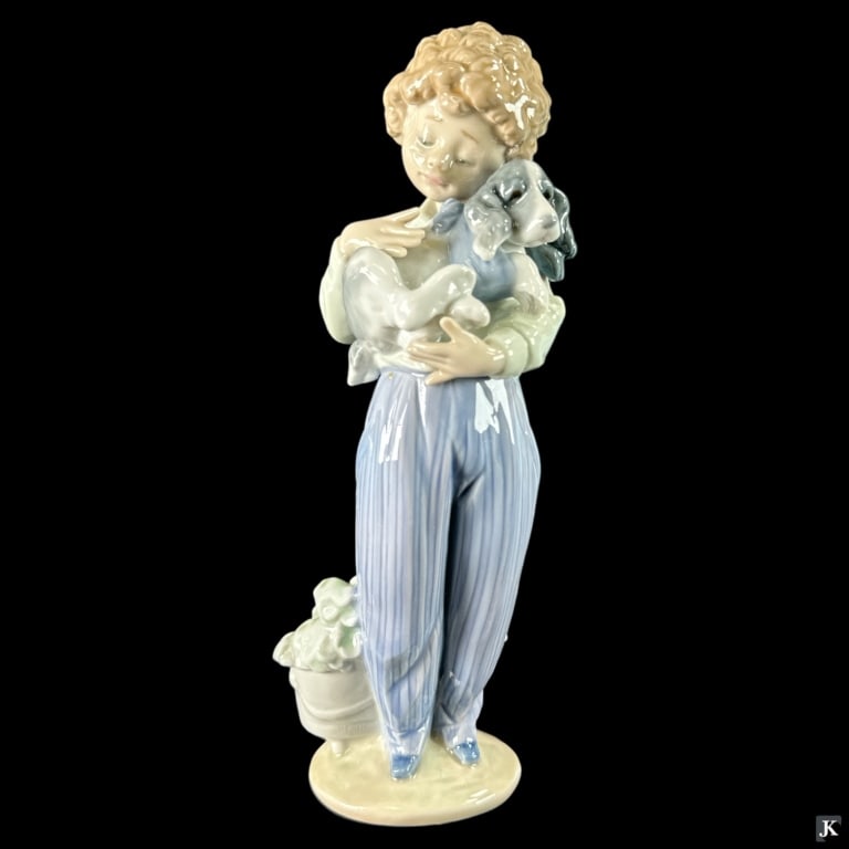 Lladro Spain "My Buddy" Porcelain Figure #7609: Lladro Spanish glazed porcelain figure titled "My Buddy" or "Perrito Convaleciente" number 7609. Sculpted by Antonio Ramos. Issued in 1989 and retired in 1989. Measures approx. 8 3/4" height. Includes