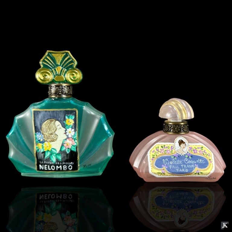 Lot Of 2 Art Nouveau Signed Glass Scent Bottles: A lot of 2 vintage French Art Nouveau signed art glass scent / perfume bottles. Tallest measures approx. 5 1/2" height. Each appears in overall good condition. JD/B13/CB:B