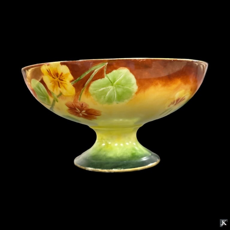 Hand Painted Limoges France Fruit Centerpiece Bowl: A hand painted Limoges French porcelain centerpiece fruit bowl. Green marks to bottom. Measures approx. 4 5/8" height x 9" diameter. Some minor paint loss. Otherwise, appears in overall good condition