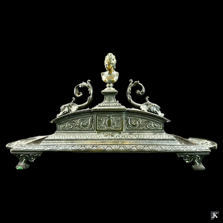 Antique Carved Office Inkwell, Bronze: Antique Carved Office Inkwell, Bronze. Approx: 8'H X 14 1/2" L X 6 1/2 W. JD/B13/SH:2A
