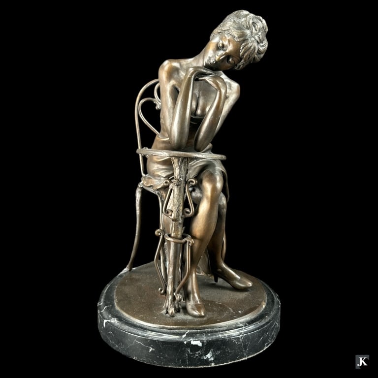 Parisienne Lady Sitting Bronze Sculpture on Marble (1 of 4)