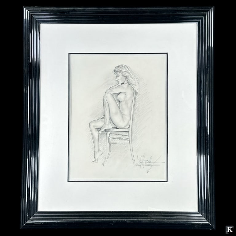 Bill Mack (USA B1949) Pencil Study Of Nude Female: Bill Mack (AMERICAN / MINNESOTA, Born 1949) charcoal work depicting a nude female seated on a chair. Dated 1981 to lower right. Mounted in a black lacquer wooden frame with mat behind glass screen. Pa