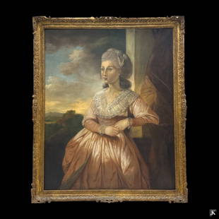 ATTR Allan Ramsay (UK 1713-1784) Portrait Oil: In the manner of or attributed to Allan Ramsay (UNITED KINGDOM / SCOTLAND / ENGLAND, 1713 - 1784) large portrait oil painting on canvas depicting an affluent woman in pink dress. Signature not apparen