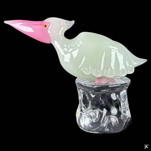 Pino Signoretto (ITALY 1944-2017) Large Pelican: Pino Signoretto (ITALIAN, 1944 - 2017) Murano studio art glass sculpture depicting an opalescent pelican with pink beak and feet. Mounted atop clear glass base. Signed to side of base. Measures approx