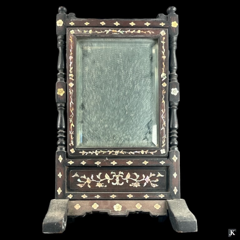 Vintage Chinesse MOP Inlay Jasper Back Table Mirro: Chinese vintage mother of pearl inlaid wooden table mirror with jasper stone plaque back. Measures approx. 18 1/4" height x 10 3/4" width x 6 1/4" depth. Some typical wear associated with wear. JD/B13
